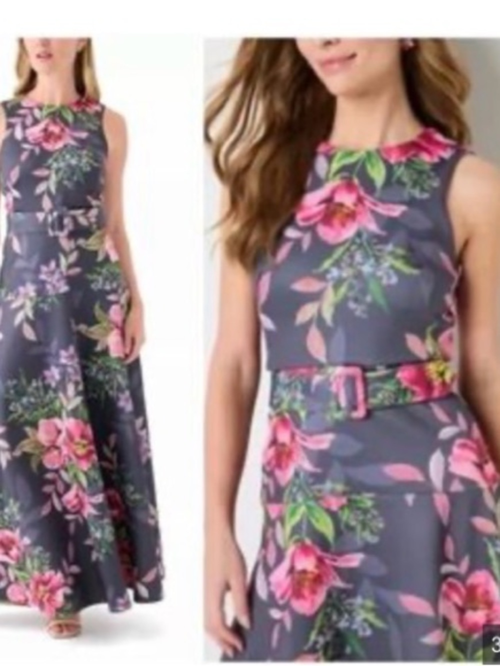 Sleeveless Floral Maxi Dress in Charcoal with Pink Blooms